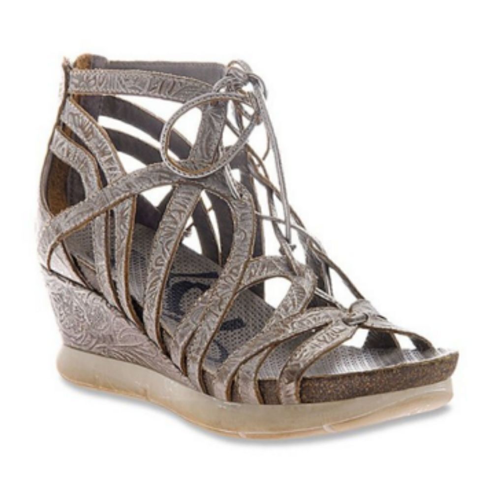 OTBT Nomadic Pewter Bronze Tooled Leather Wedge Lace Up Sandals Zip 7.5.